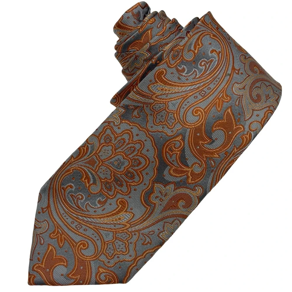 Vintage Geoffrey‎ Beene 100% Necktie Tie Grey Orange Paisley Jacquard Retro Mod
